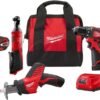 Milwaukee 2498-25 M12 12V Cordless 5-Tool Combo Kit: 2407-20 3/8 in.Drill/Driver + 2462-20 1/4 in. Hex Impact Driver+2420-20 Hackzall Recip Saw+2457-20 3/8 in.Ratchet+49-24-0146... Milwaukee 2498-25 M12 12V Cordless 5-Tool Combo Kit: 2407-20 3/8 in.Drill/Driver + 2462-20 1/4 in. Hex Impact Driver+2420-20 Hackzall Recip Saw+2457-20 3/8 in.Ratchet+49-24-0146...